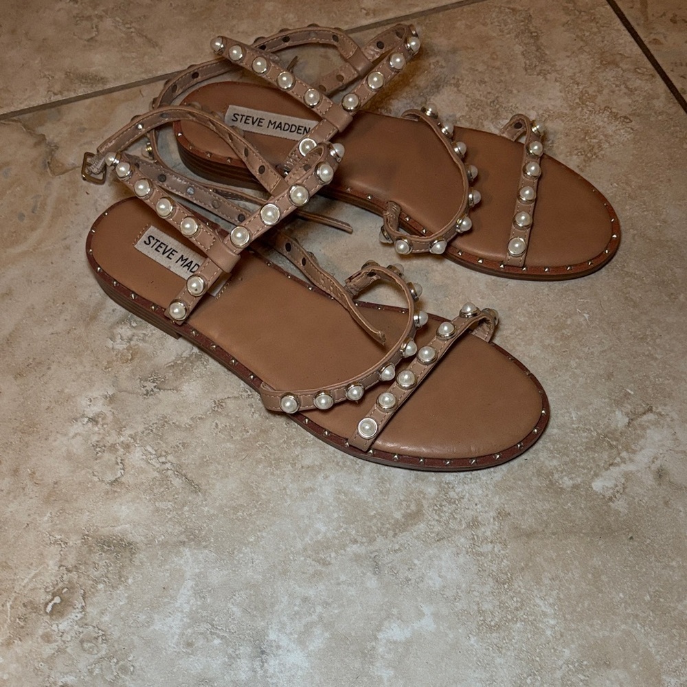 Steve Madden Nude/Tan Pearl-Studded Strappy Flat Sandals